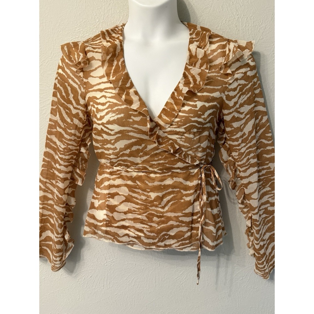 Camila Coelho Sky Wrap Top size S brown zebra ruffles sheer office career
